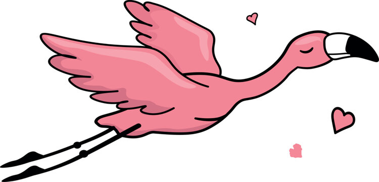 Cute pink flamingo flying with hearts around. Romantic tropical bird illustration in flat cartoon style. Love, romance and summer concept isolated on white background.
