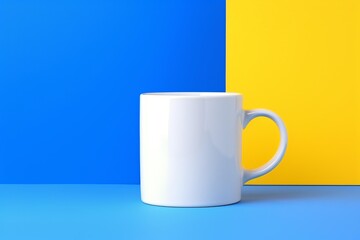 White ceramic mug presented against a vibrant blue and yellow geometric background