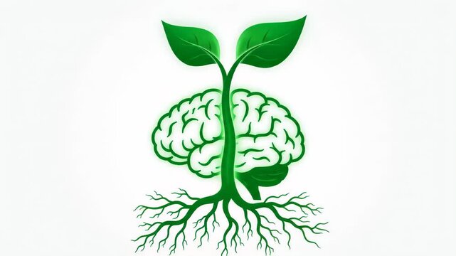 A a creative green brain illustration with roots growing out of it