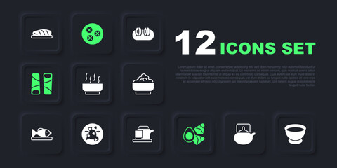 Set Traditional tea ceremony, Soy sauce in bowl, Ramen soup, Chicken egg with vegerables, Guotie, Kung Pao chicken, Wonton and icon. Vector