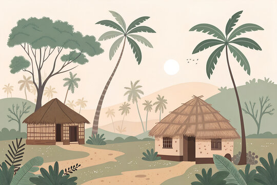 Indian village minimal vector background with huts and trees