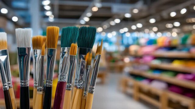 187Display of paintbrushes in school art supplies section, close-up focus on synthetic and natural bristles, defocused shelves filled with colorful creative tools, cozy retail store l