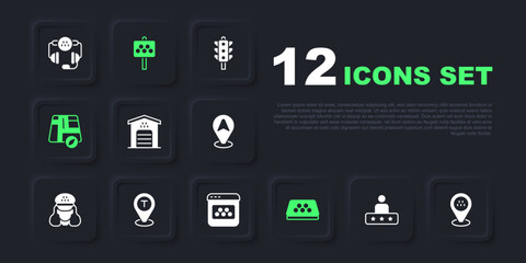 Set Taxi service rating, Location taxi car, Garage for, roof, Road sign stand and mobile app icon. Vector