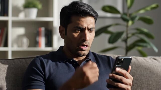 Shocked indian man reading bad news on smartphone