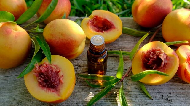 Peach kernel oil and supplements. Selective focus.