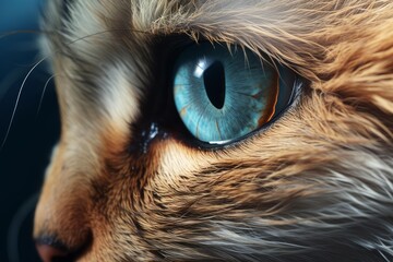 Cat's vibrant blue eye and fur closeup creating an intense animal portrait