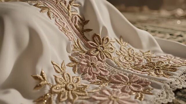 Close-up of intricate embroidery on a white fabric, showcasing delicate floral patterns and traditional craftsmanship.