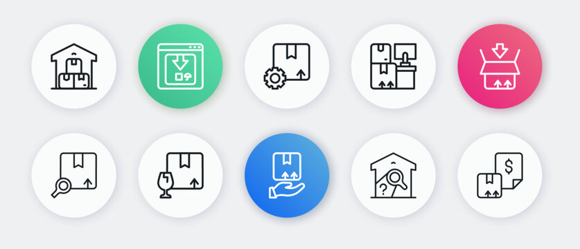 Set line Delivery hand with box, Carton cardboard, Search package, Warehouse check, boxes, Gear, Waybill and Package fragile content icon. Vector