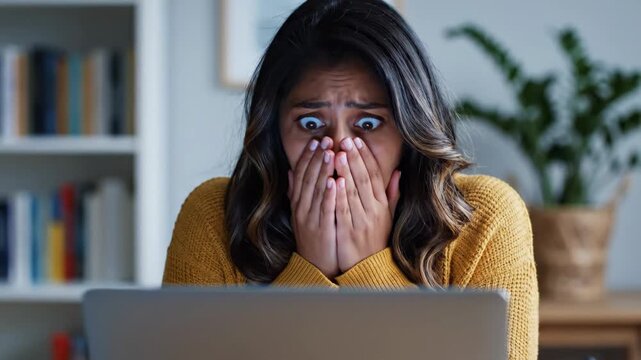 Scared woman watching horror movie on laptop