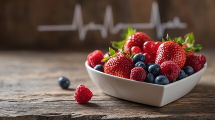 Bowl of fresh berries on wood table with heartbeat line. Healthy eating for strong heart. Nutrition for wellness and healthy lifestyle.