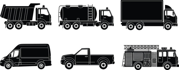 Truck silhouette collection, dump truck outline, tanker vehicle design, box cargo figure, pickup transport icon, fire ladder illustration © Fenshi