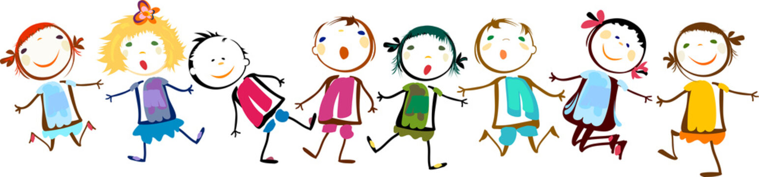 Cute Cartoon Diverse Kids Holding Hands in a Row &mdash; Happy Colorful Children Friends Group Illustration on Transparent Background