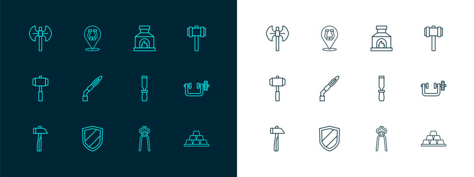 Set line Sledgehammer, Shield, Rasp metal file, Blacksmith pliers tool, Welding torch, oven, Medieval poleaxe and Horseshoe icon. Vector