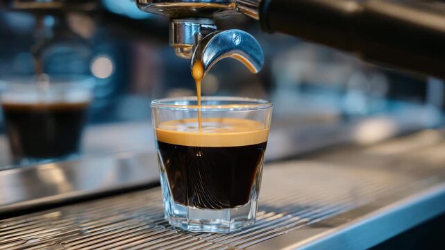 481Professional espresso machine in action, rich dark coffee extracting into glass cup, golden crema forming, barista coffee preparation, specialty cafe equipment close-up