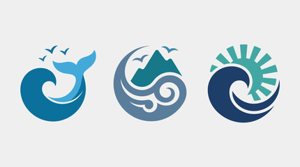 Naklejka premium A trio of stylized ocean-themed icons depicting waves, mountains, and marine life, showcasing the beauty of nature and its elements in an artistic and modern design theme.