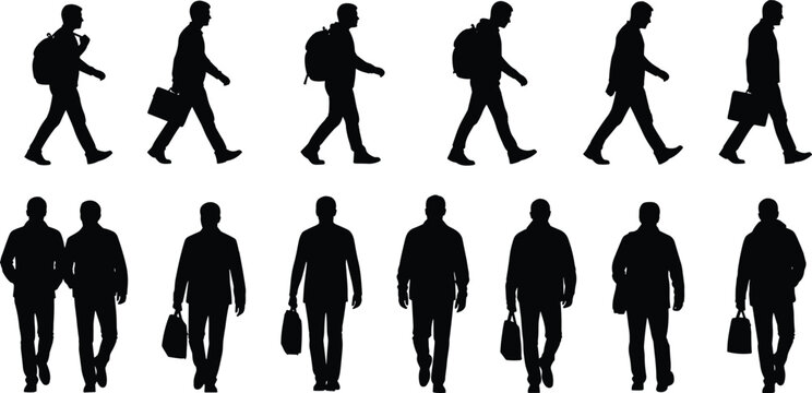 Collection of black silhouettes of professional men in suits and casual clothes walking and standing with backpacks and briefcases