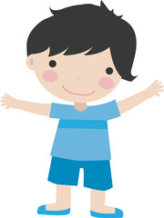 Obraz premium Cute Cartoon Black Hair Boy in Blue Striped T-Shirt and Shorts with Arms Wide Open — Happy Smiling Child Character Illustration on Transparent Background