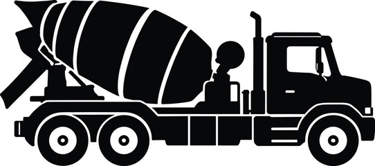 Minimal vector silhouette, cement mixer truck side view, construction vehicle icon, solid black, isolated on white background. © Saruf