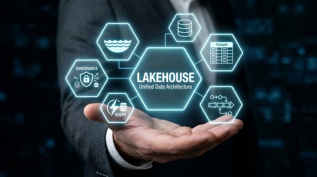 Businessman's hand displaying digital lakehouse architecture concept with data management icons, unified data activities, and business technology.