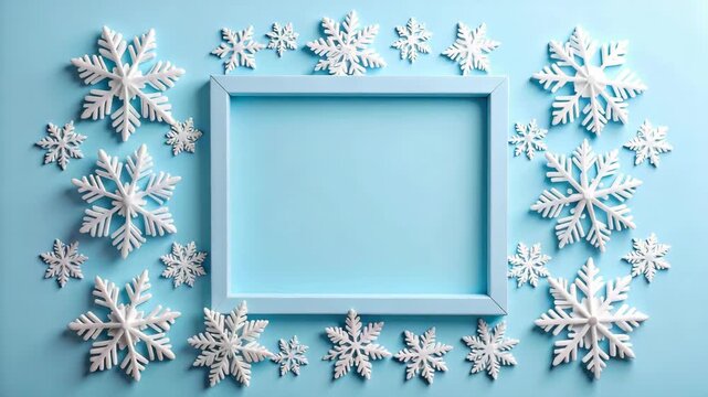 Blue picture frame mockup with white decorative snowflakes on light blue background for winter holiday greeting card