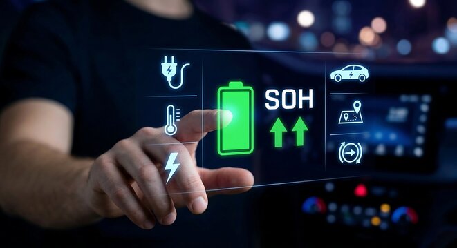 Electric Car Battery Health Monitoring Display SOH Status with Icons for Charging, Temperature, Location and Speed, Futuristic Technology Interface