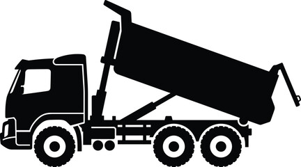 Minimal vector silhouette, dump truck with raised cargo bed, construction vehicle icon, solid black, isolated on white background. © Saruf