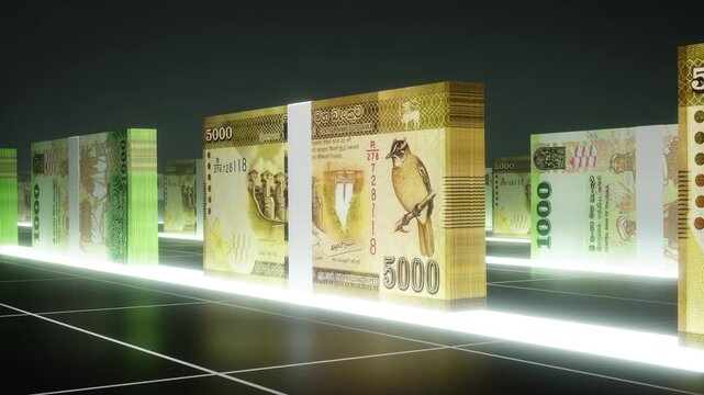 Sri Lankan rupee Banknote Bundles with Neon Glow on Dark Background, Slow Camera Movement, Realistic 3D Currency Animation in 4K, Business and Inflation Concept