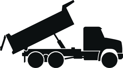 Minimal vector silhouette, dump truck with raised cargo bed, construction vehicle icon, solid black, isolated on white background. © Saruf