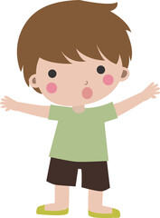 Cute Cartoon Brown Hair Boy in Green T-Shirt and Dark Shorts with Arms Spread &mdash; Adorable Happy Standing Child Character Illustration on Transparent Background