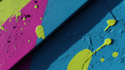 Naklejka premium Urban wall adorned with vibrant paint splatters, embodying abstract street art energy. 