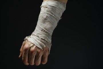 Bandaged hand clenched in a fist displaying injury, healing, and strength on a black background