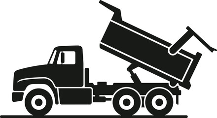 Minimal vector silhouette, dump truck with raised cargo bed, construction vehicle icon, solid black, isolated on white background. © Saruf