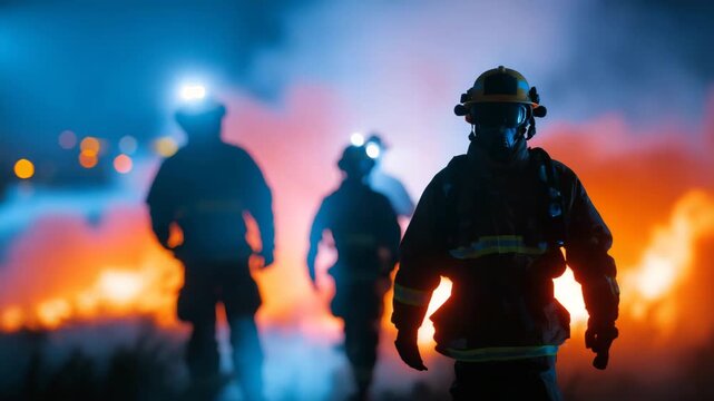 Blurred firefighting rescue team standing by during emergency, dramatic backlighting, crisis management concept with minimal background and copy space