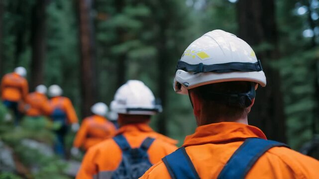 Blurred group of firefighters coordinating in forest landscape, helmets and reflective jackets visible, emergency rescue and damage control theme