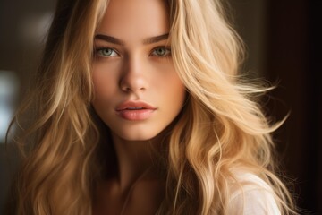 Naklejka premium Woman with green eyes and flowing blonde hair looking at the camera