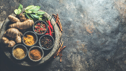 Obraz premium Asian cuisine ingredients beautifully arranged on a rustic stone surface with fresh herbs and spices. 