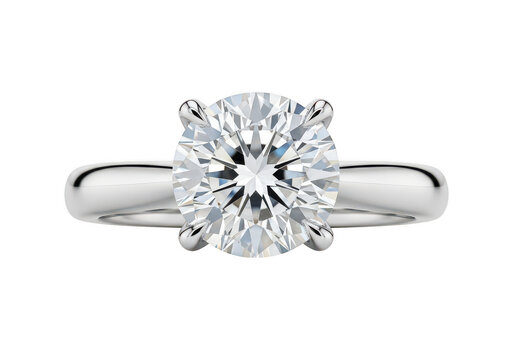 Sparkling diamond solitaire engagement ring with four prongs on band isolated on transparent background