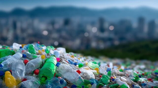 Close-up of colorful compacted plastic bottles heap, recycling and waste processing visualization, sustainability and environmental responsibility scene, defocused industrial backg