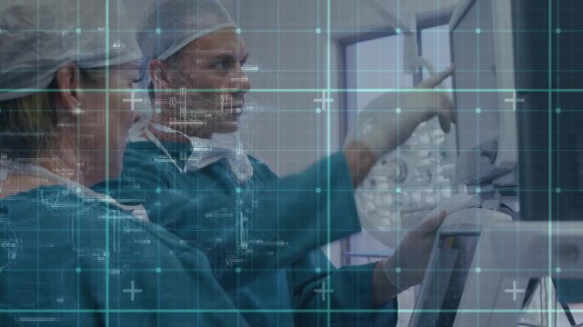 Animation of data processing over caucasian doctors during surgery