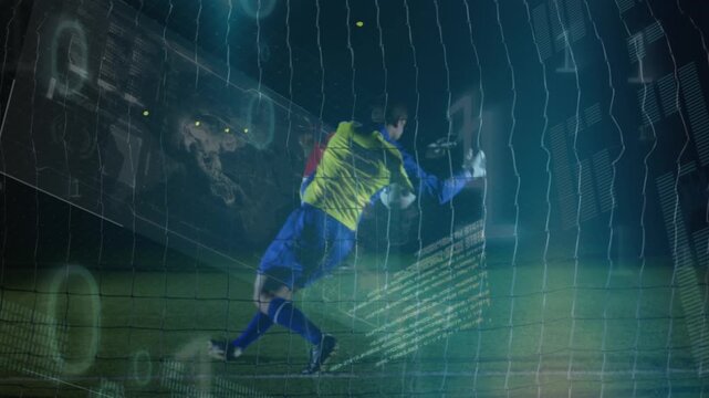 Animation of data processing and binary coding over diverse football player and goalkeeper on pitch