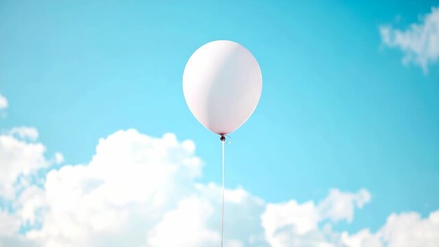 Single white helium balloon drifting against a bright blue sky with soft fluffy white clouds