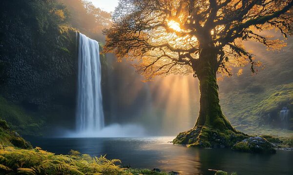 A serene waterfall cascades into a tranquil lake surrounded by lush greenery and a towering tree with sunlight filtering through its branches in a natural landscape.