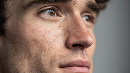 Fototapeta premium close up portrait of young man with acne skin texture, male face with enlarged pores and skin imperfections, dermatology and skincare concept for acne prone skin