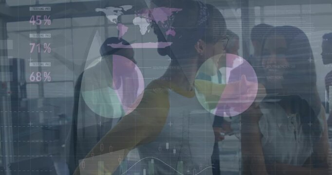 Animation of graphs and data processing over fans at sports stadium