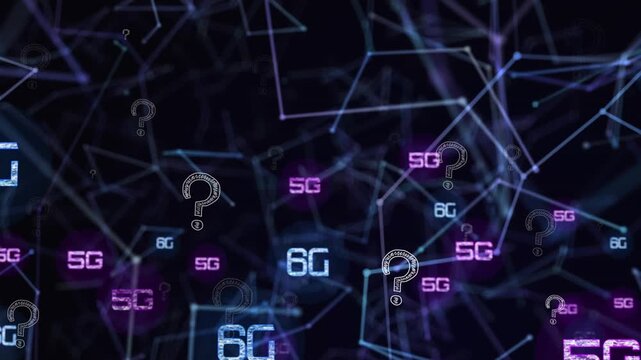 5g and 6g texts and question mark symbols against network of connections on black background