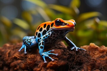 Fototapeta premium Brightly colored poison dart frog resting on a branch in a tropical environment