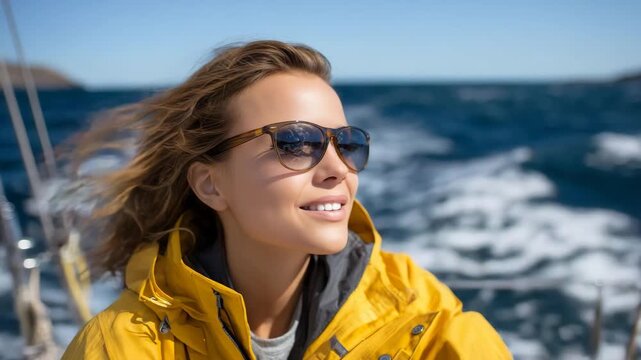Young woman navigating sailboat, wind in hair, yellow jacket catching sunlight, sunglasses reflecting sea, sailing through vibrant blue water, adventurous spirit