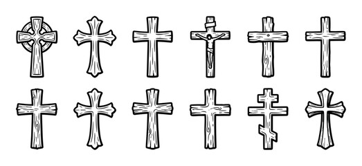 Collection of twelve hand-drawn Christian crosses in various designs, including Latin, Celtic, and Orthodox, rendered in a black and white sketch illustration style