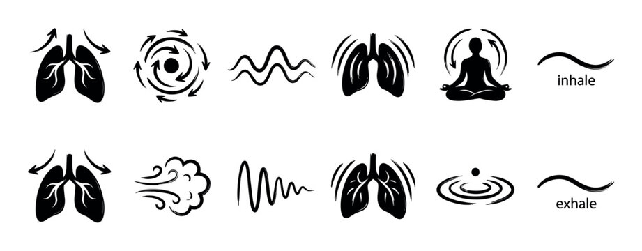 Black minimalist icon set for breathing exercises with lungs, meditating person, and abstract airflow symbols illustrating inhale and exhale for yoga and mindfulness practice