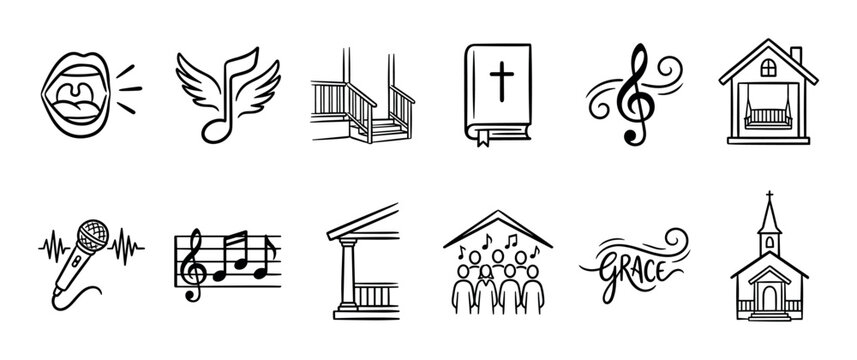 Black and white doodle icon set for Christian praise and worship, featuring a church, bible, singing choir, music notes, and the word grace in a hand-drawn style